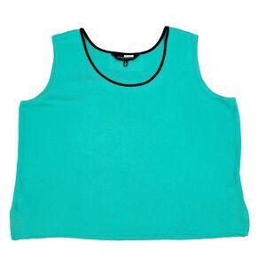 Ming Wang Knit Top L Green Black Trim Sleeveless Career Minimalist Shell Preppy